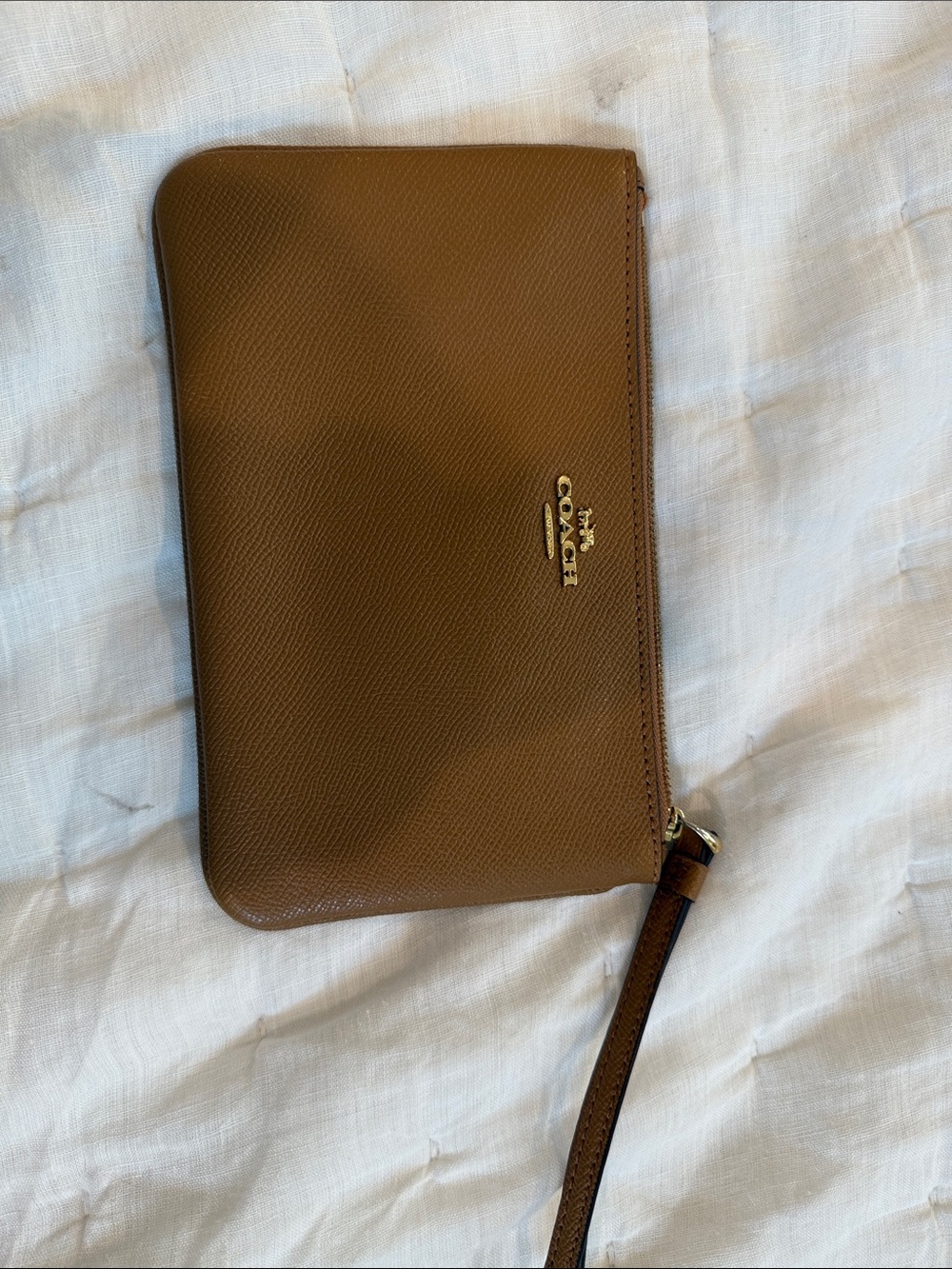 Coach Tan Leather Zip Wristlet with Gold Logo